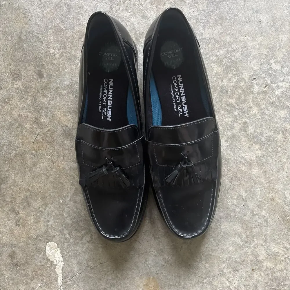 Nunn Bush Shoes Mens Slip-ons Loafers Black Leather Size 13M Comfort Gel Tassels